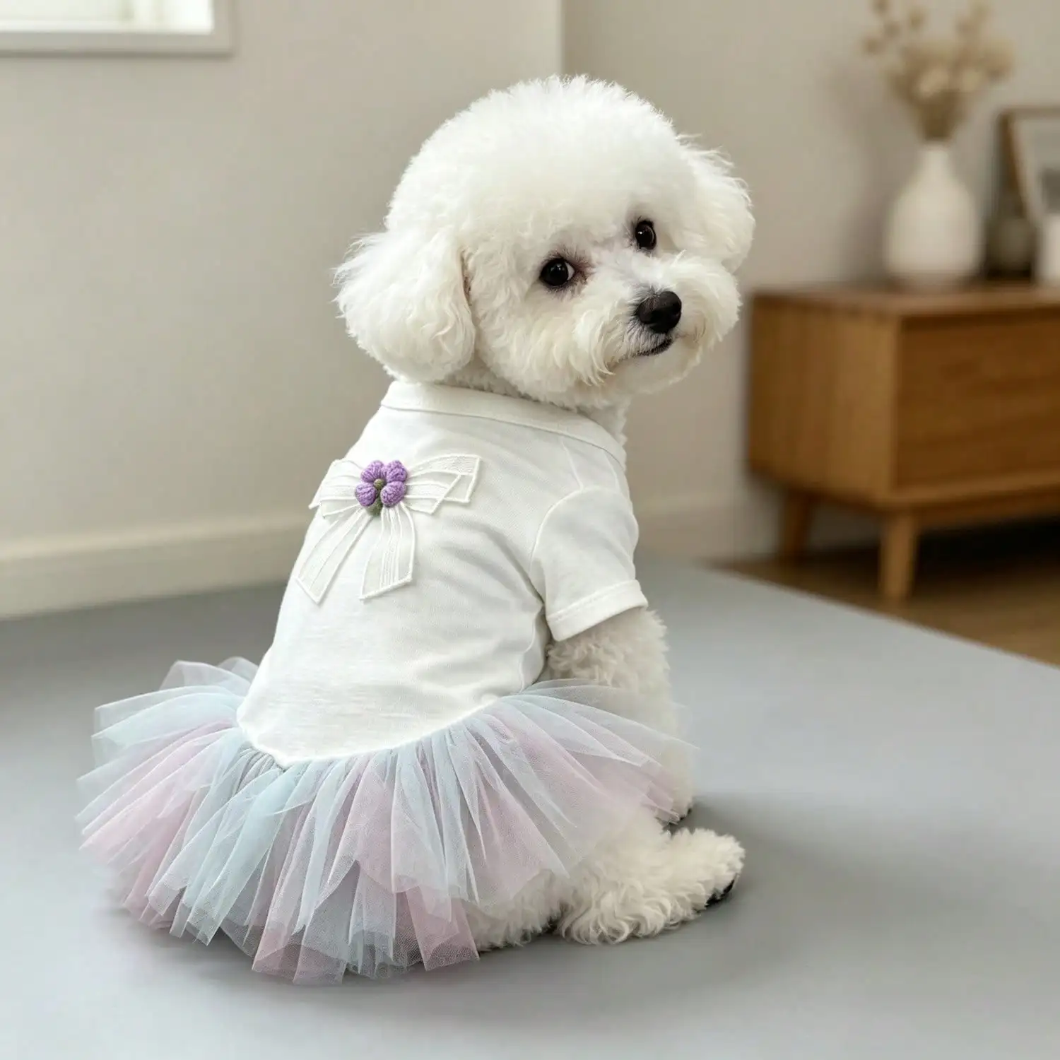 1 cute puppy fluffy skirt princess outfit embroidered bow flower decoration puppy mesh chiffon chiffon