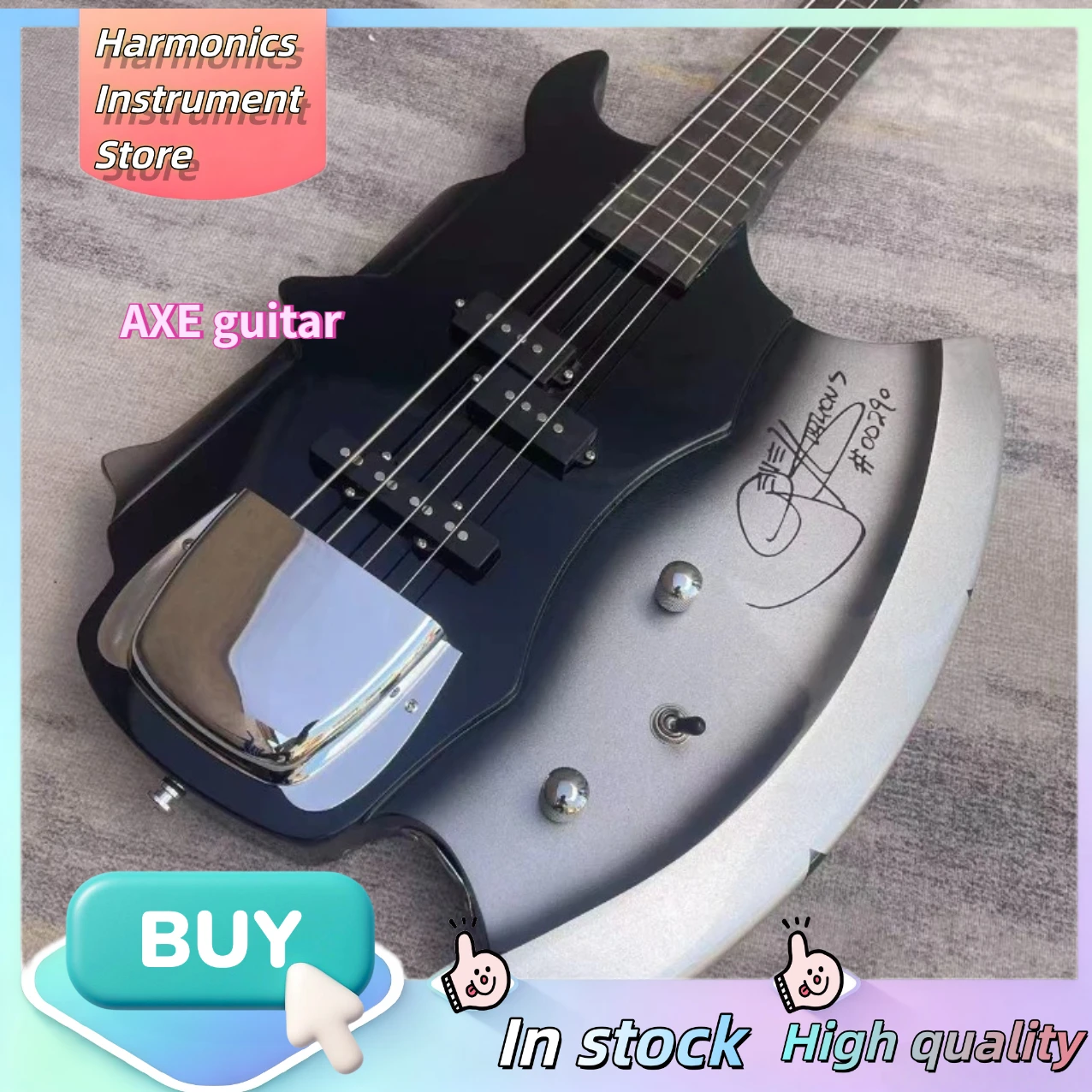 Gene Sim Axe Signature Electric Bass, Dual Humbucker Pickups, KISS Irregular Stage Viral Axe Bass Guitar