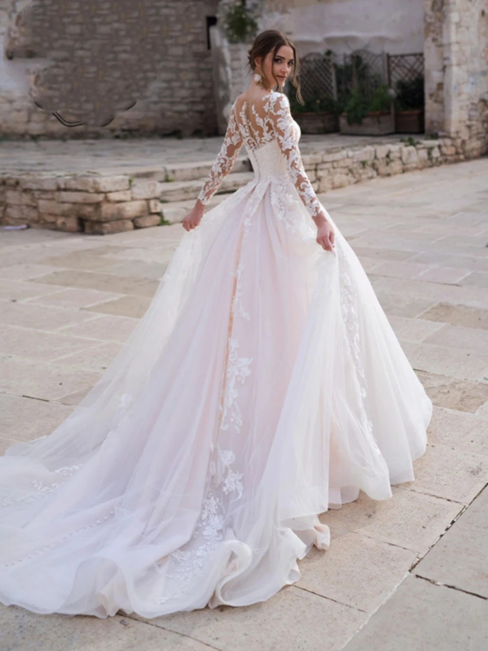 Abito da sposa classico a maniche lunghe con scollo a o abito elegante con applicazioni per la sposa abito da sposa lungo a trapezio bianco Robe De Mariée