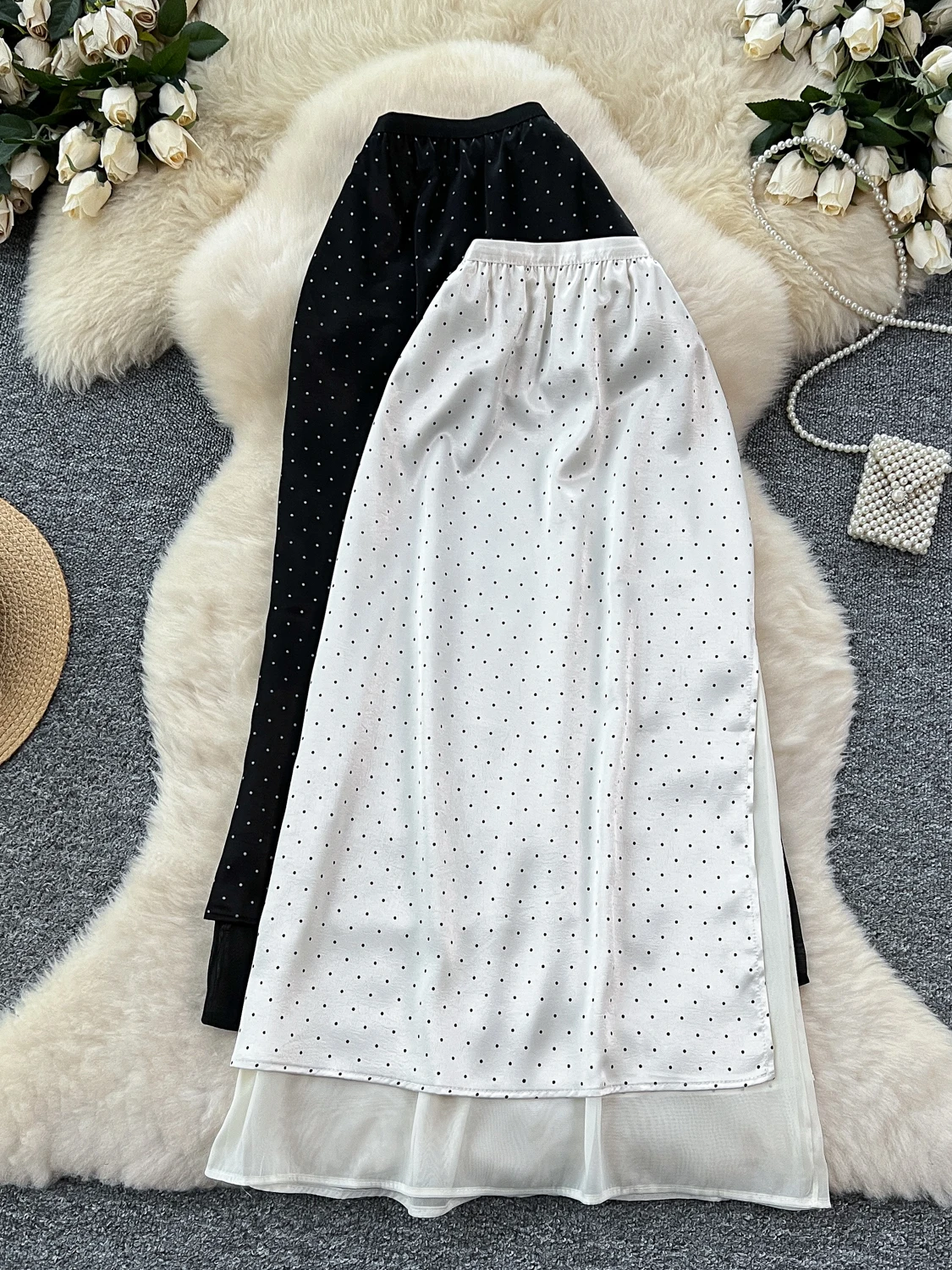

High Waist A-Line Skirt with Lace Paneling And Polka Dot Satin Fabric for Women Summer Slimming Mid-Length Skirts