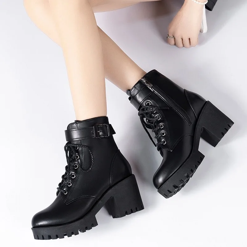 Women High Heeled Leather Boots Black Side Zipper Shoes Classics Buckle Strap Shoes Elegant Round Toe Shoes Square Heel Shoe