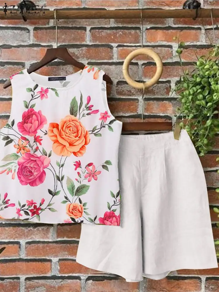 ZANZEA 2024 Summer Women Short Sets Bohemian Two Piece Sets Floral Printed Sleeveless Tops and Shorts Loose Casual Suits Outfits