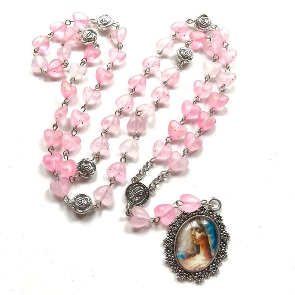 Fashion Virgin Mary Catholic Rosary Beads Chains Long Prayer Necklace Amulet Pendant Hollow Rose Blessing Rosary Necklace