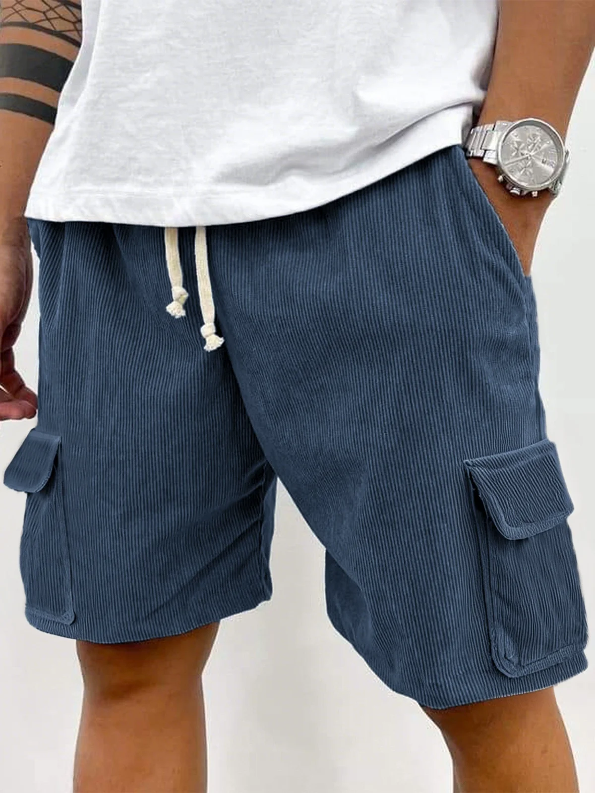 2026 Summer new solid-color lace-up sport pants, corduroy fashion shorts, men's casual sport shorts with label letters for men