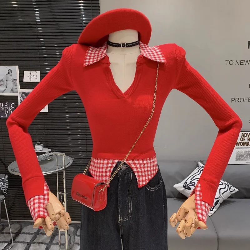 

Корейская модная повседневная искусственная двухсекционная клетчатая рубашка с v-образным вырезом для женщин, осенне-зимний универсальный топ