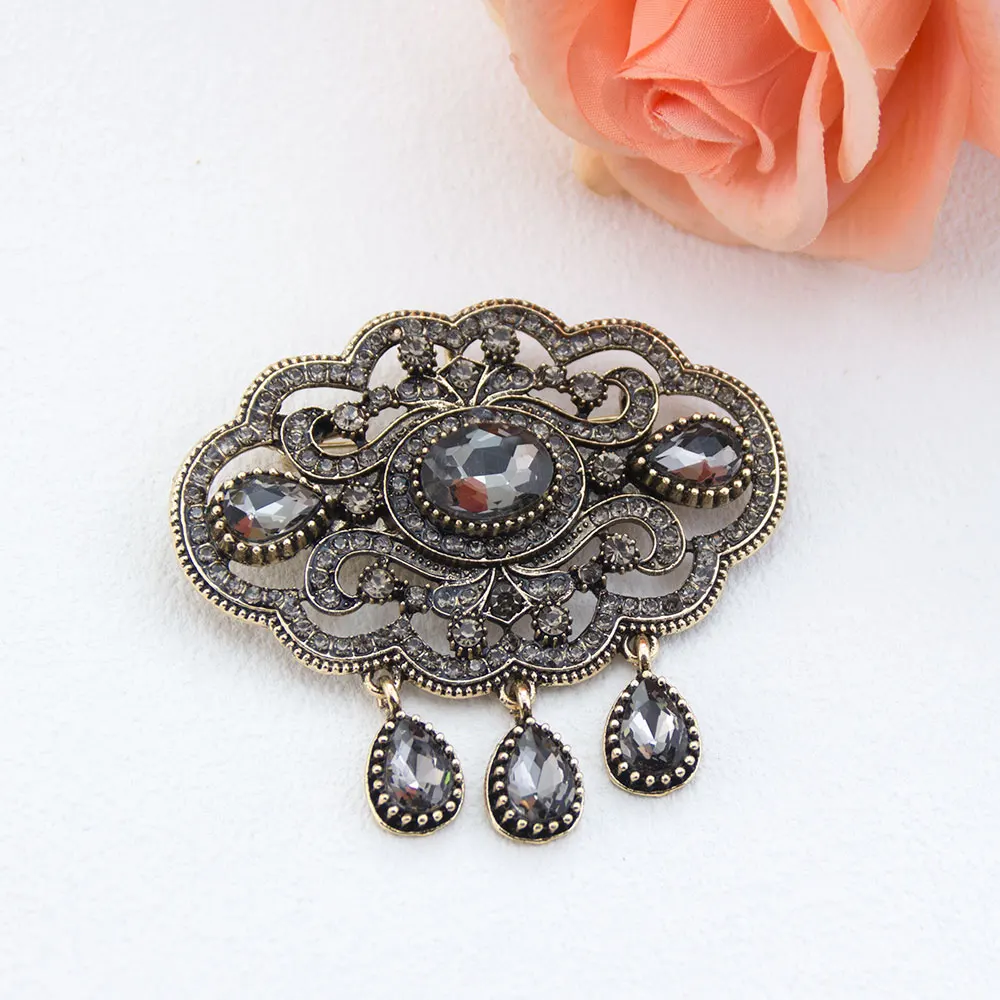 Vintage grijze kristallen Turkse broche voor vrouwen hijab revers broche pins antiek goudkleurige bohemian bijoux