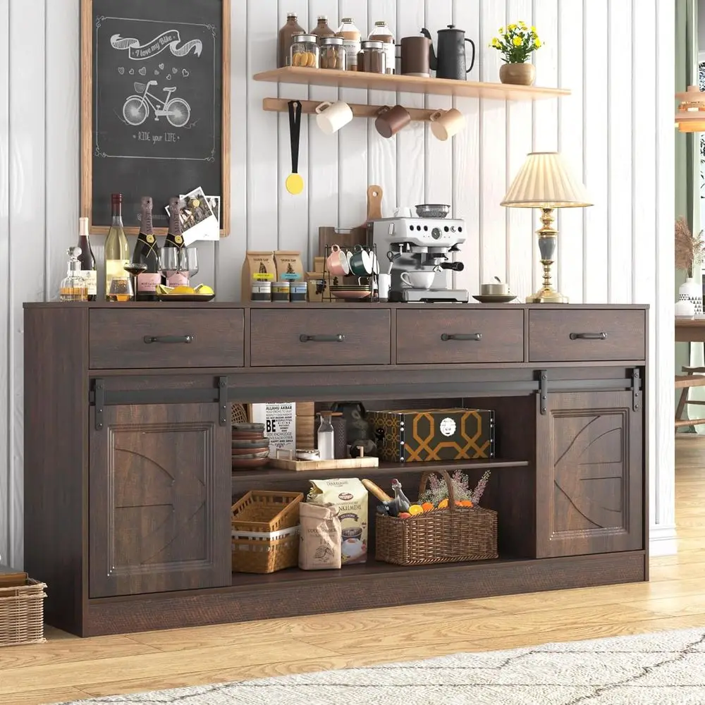 

Large 70 Long Sideboard Cabinet with 4 Doors, Storage, Coffee Bar, Suitable for Corner or Living Room, Brown