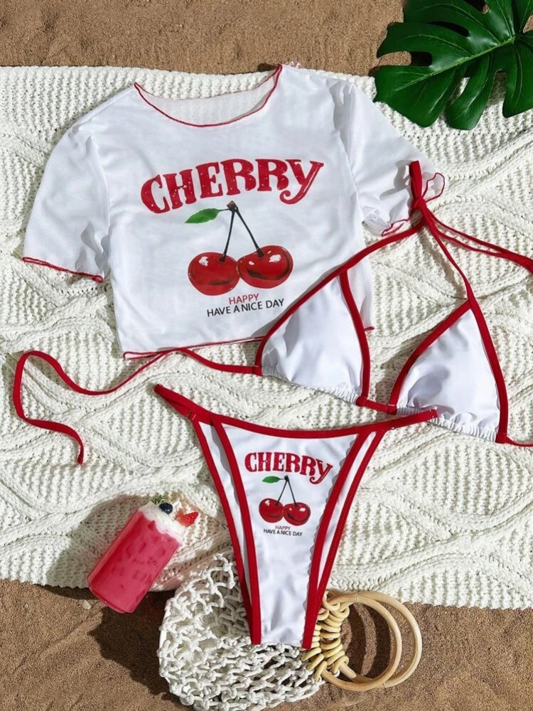 

Cherry Printed Short Sleeve 3-Piece Bikini Set Women's Sexy Swimwear Bather Bathing Suit Female Swimsuit 2025