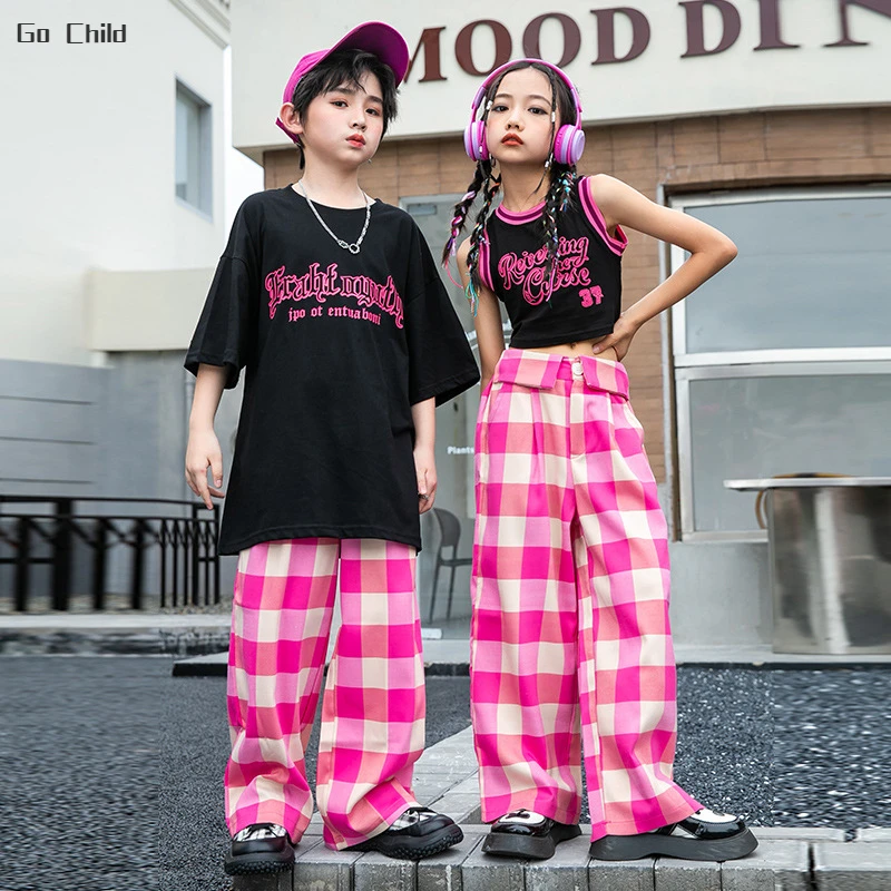 Hip Hop Girls Crop Top Plaid Pants Boys Loose T-shirt Street Dance Child Streetwear Teen Sweet Clothes Sets Kids Jazz Costumes