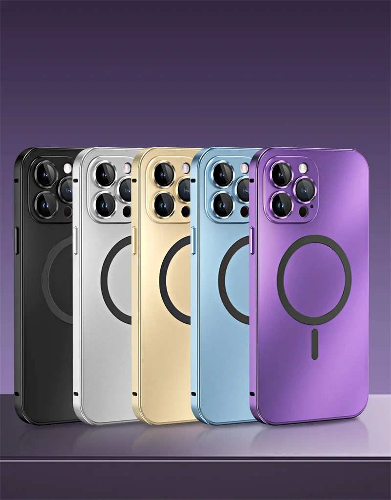 For iPhone 16 15 14 13 12 Pro Max Plus Magnetic Aluminum Alloy Frame Metallic Paint PC Backplate Glass Lens Film Phone Case