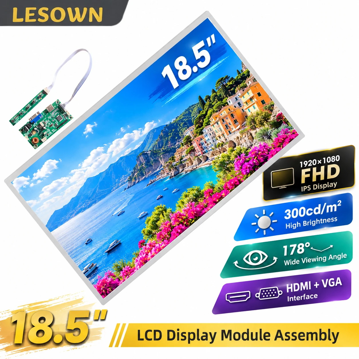 LESOWN 18.5 Inch Industrial Panel Monitor 1080P LCD Display Wide View Screen Machine Replacement Display HDTV VGA