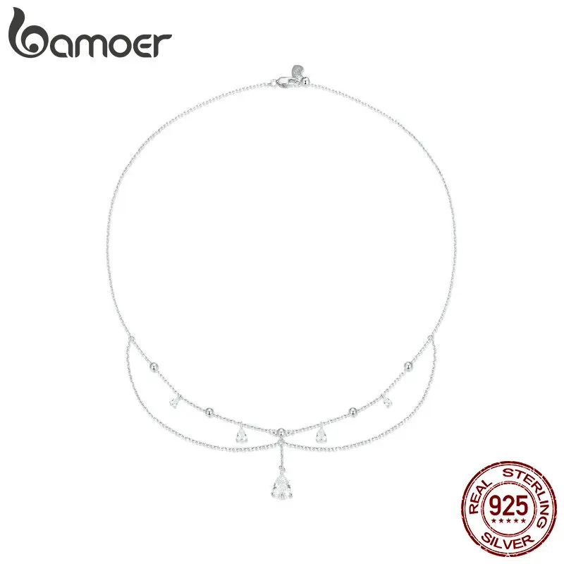 Bamoer 925 Sterling Silver White Gold Plated Sun and Moon Necklace Energy Pendant Neck Chain for Women Party Fine Jewelry Gift