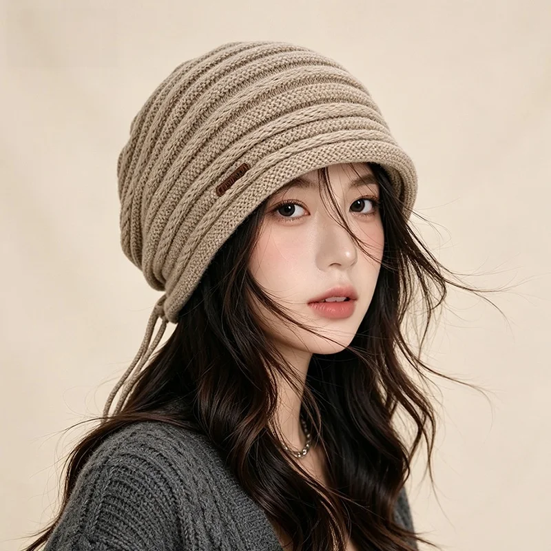 Winter Women's Drawstring Knitted Beanie Hat, Outdoor Cold-Proof and Warm Woolen Hat, Casual Pullover Headwrap Hat, Available in Multiple Colors