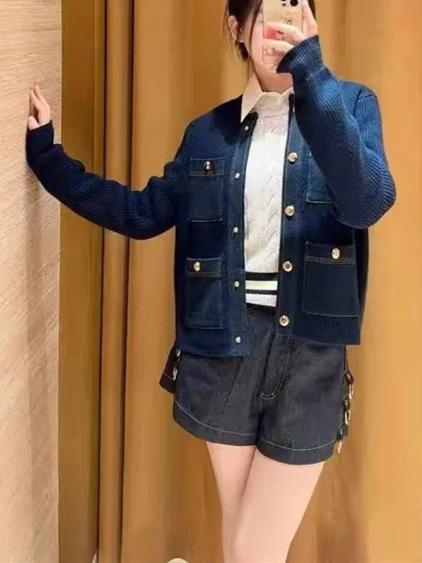 เสื้อคาร์ดิแกนถักไหมพรมทรงยาวสไตล์ยุโรป รุ่นไฮเอนด์ สำหรับผู้หญิง แนวลำลอง ผ้าเดนิม คอทรงกลม ใส่เป็นเสื้อนอกได้