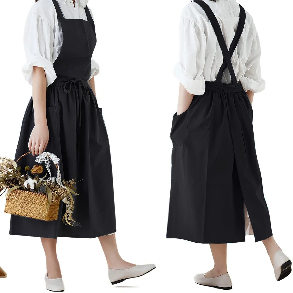 Brief Nordic Wind Pleated Skirt Cotton Linen Apron Women Girls Vintage Apron Gardening Works Cross Back Pinafore Dress