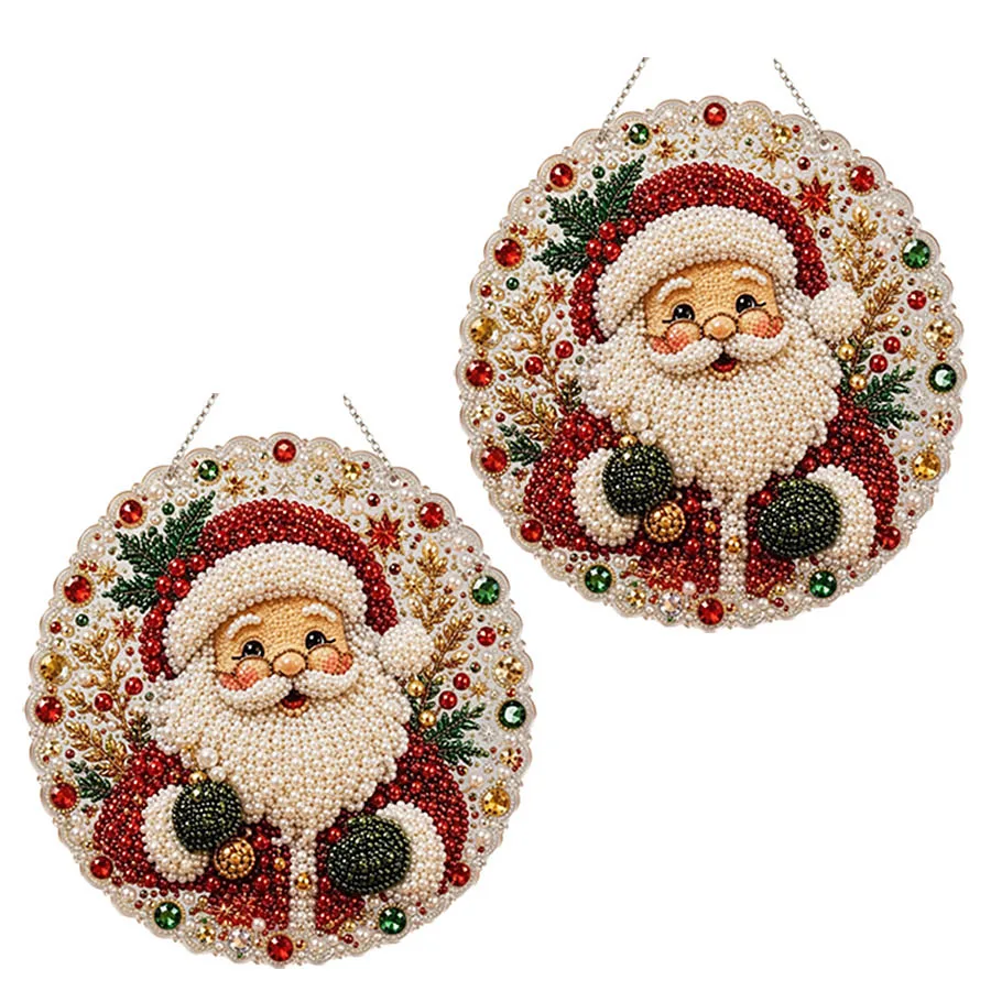 20cm Christmas Pearl Diamond Painting Santa Claus DIY Craft Hanging Ornament Pearl Beads Festive Window Wall Decor For Home