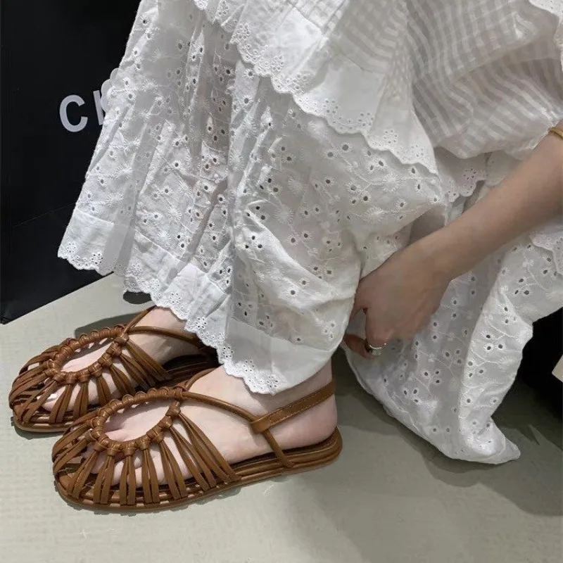 

High Quality Ladies Shoes Slip on Ankle-wrap Women's Sandals Solid Closed Toe Chunky Heels Beach Sandals Concise Flat Sandals슬리퍼