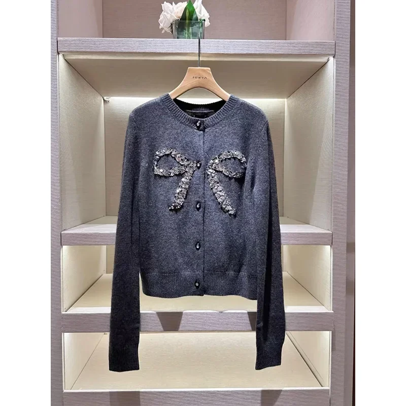 Autumn Winter New Fashion Bow O-neck Sweater Women Loose Solid Casual Thick Warm Knitted Cardigan Commute Basic Top