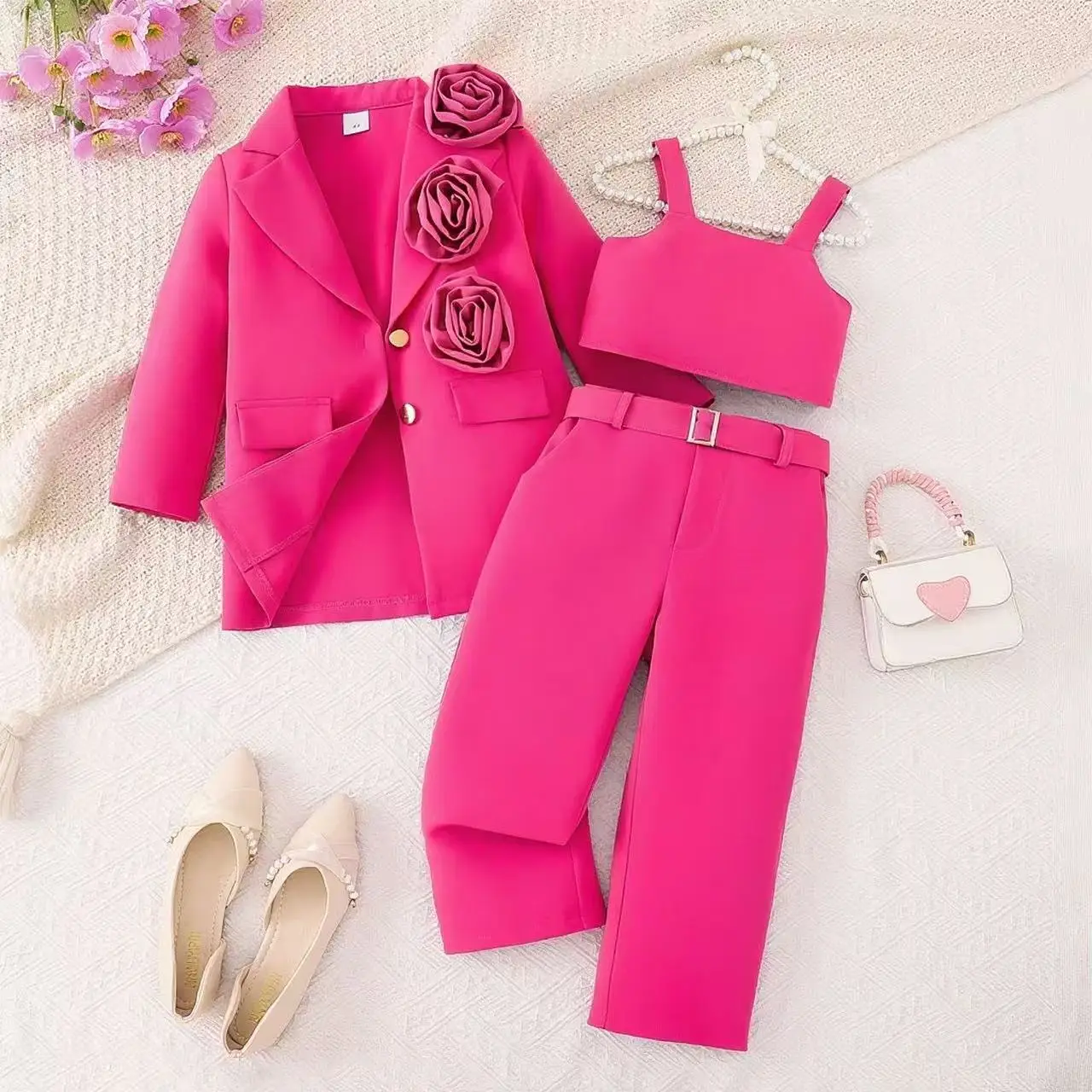 Girls' Spring and Autumn 2026 New Collection Solid-Colour 3D Floral Blazer With Strappy Vest and Trousers Three-Piece Set