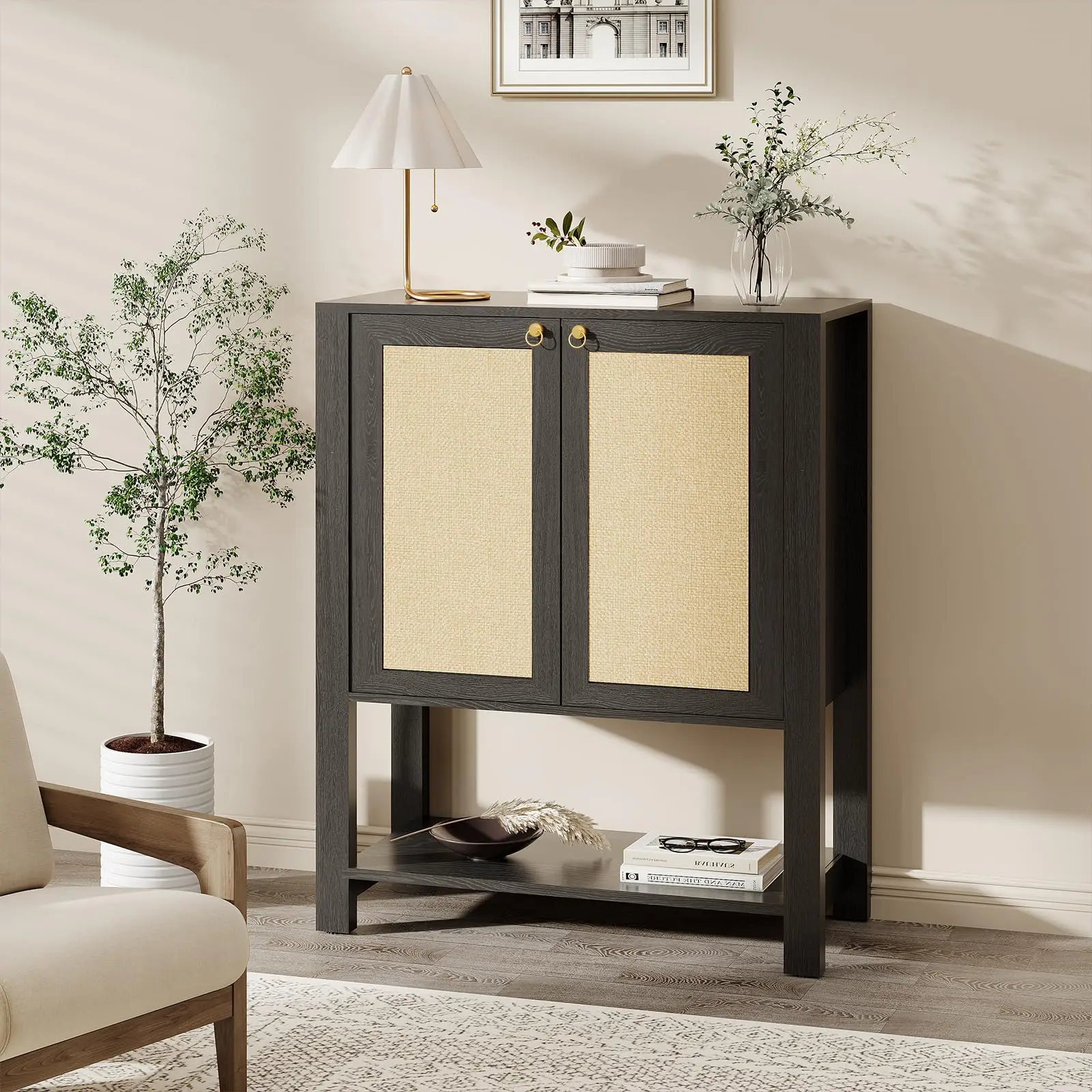 Rattan Shoe Cabinet for Entryway, Farmhouse 5-Tier Wood Shoe Storage Cabinet with Adjustable Shelves and Open Shelf,Freestanding Shoe Rack Organizer for Hallway Living Room, Grey Oak