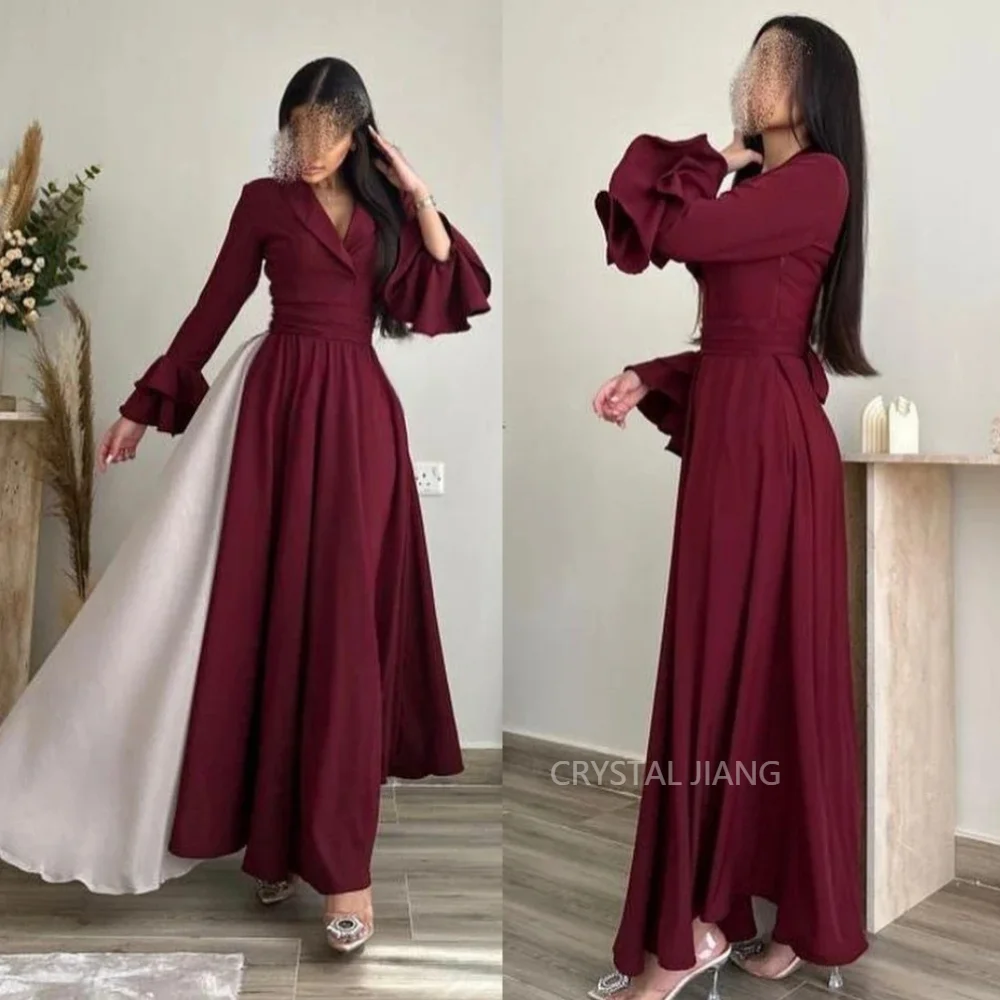 

Elegant Long Burgundy V Neck Spandex Evening Dresses Full Sleeves A Line Ankle Length Vestidos De Fiesta Elegantes 2024