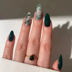 24pcs Long Almond False Nails French Rose Cat Eye Dark Green Swoosh Stars Press on Nails Fake Nails DIY Manicure Detachable