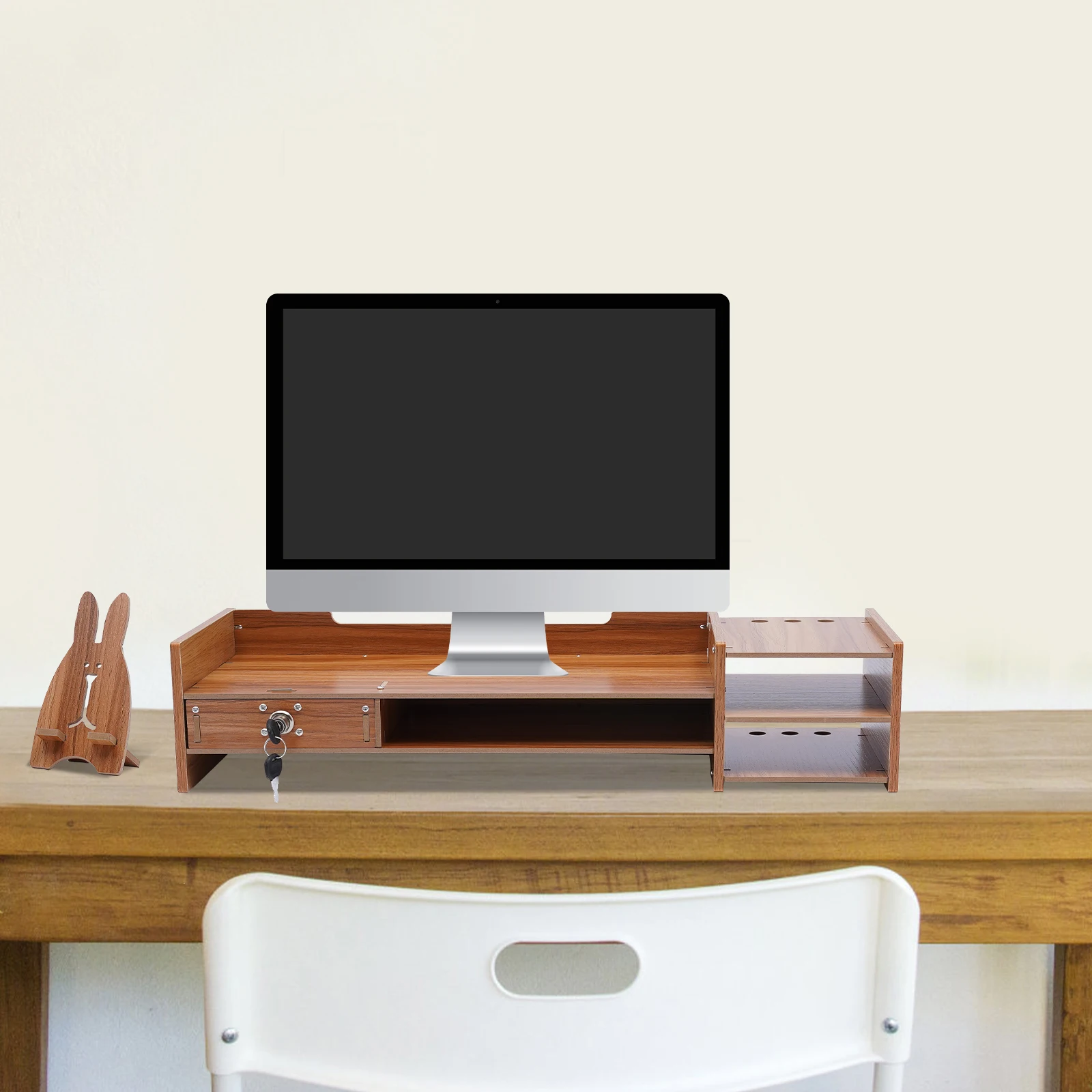 Monitor Wood Desk Organizer with Drawers Office Desktop Storage Monitor Holder With Lock Laptop Organizer Stand Riser Desktop