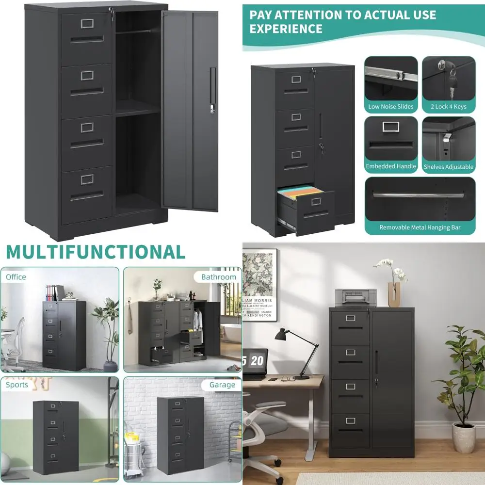 خزانة ملفات عمودية معدنية قابلة للقفل للمكتب المنزلي، خزانة تخزين ذات 4 أدراج مع باب قابل للتعديل وميزات أمان #1