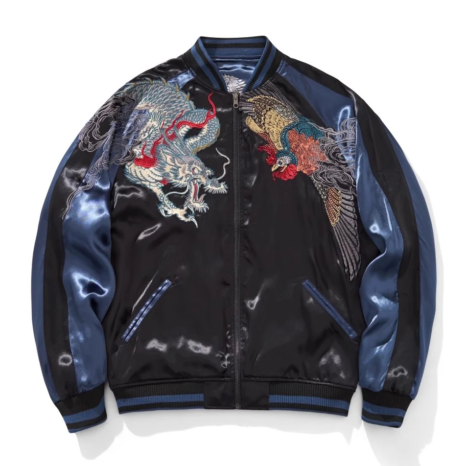 Streetwear Japanese Sukajan Souvenir Reversible Jacket 2025 Autumn Chinese Dragon Embroidered Baseball Jacket Loose Coat