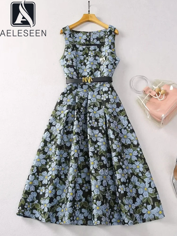 AELESEEN Vintage Midi Summer Dress donna senza maniche Blue Flower Print Jacquard Belt spilla colletto quadrato Casual Beach