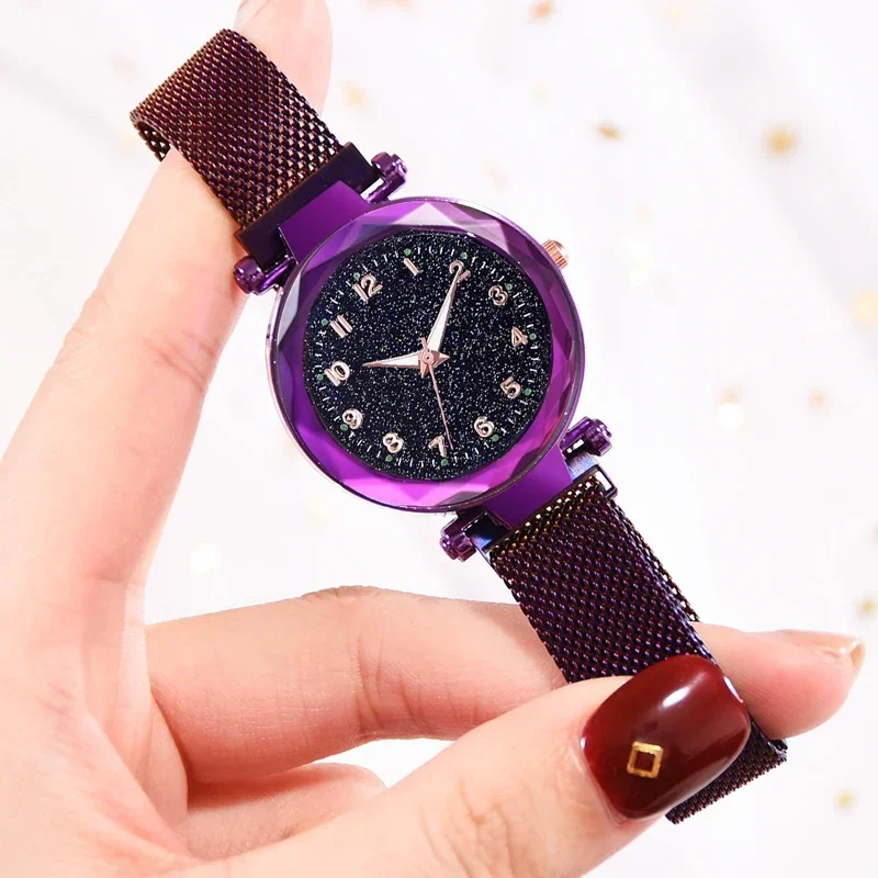 Relojes de moda para mujer, cinturón de malla, reloj magnético con cielo estrellado para mujer, reloj de pulsera de cuarzo, reloj de pulsera de lujo para mujer, reloj con temperamento