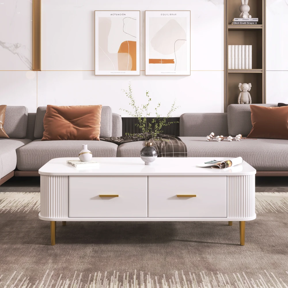 Gebogener Eck-Wohnzimmertisch, goldene Hardware, gewellte Seiten, Doppelfunktions-Couchtisch und Beistelltisch mit Schubladen – Detail 5