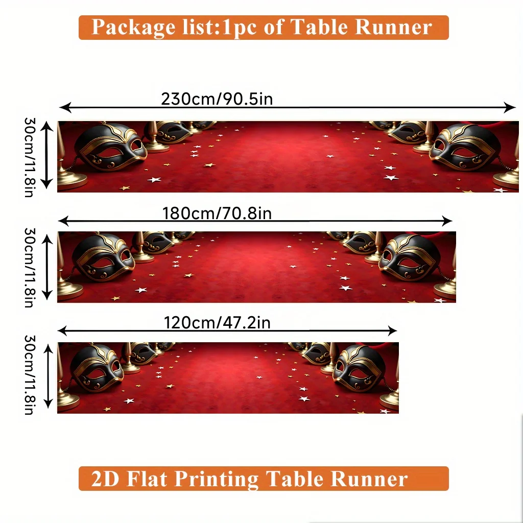 1pc 2D Table Runner, Masquerade Masks & Scattered Stars Polyester Table Runner, Soft Durable, Easy Care, Indoor & Outdoor