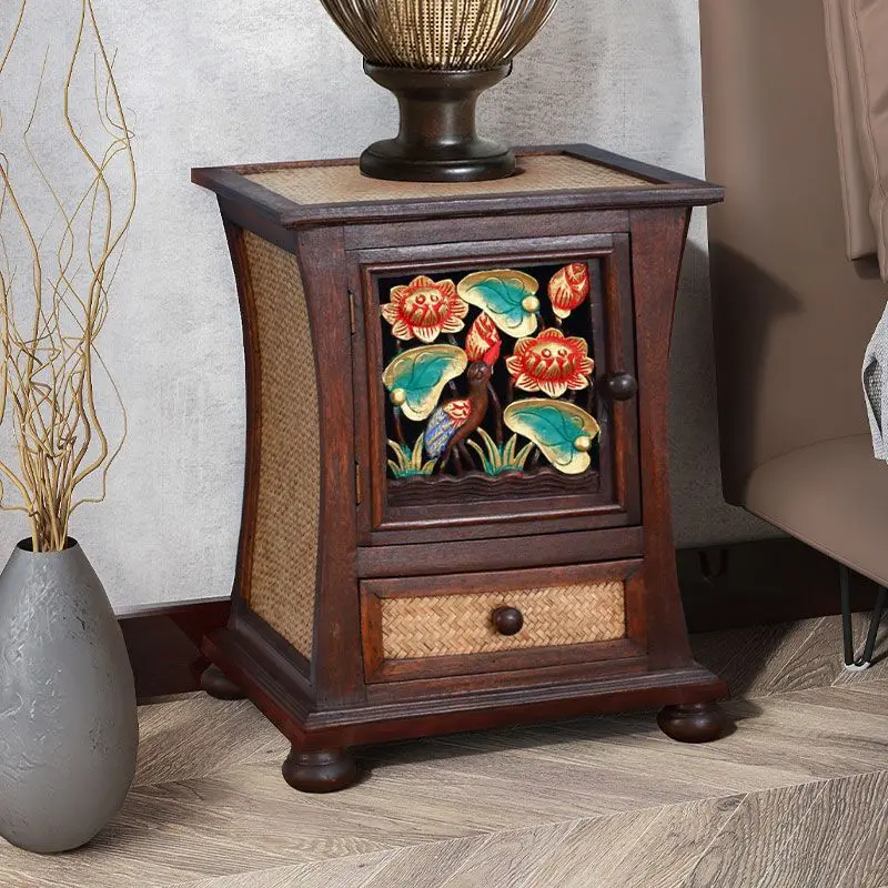 Thai solid wood bedside table Thai bedside storage small cabinet retro rattan storage cabinet