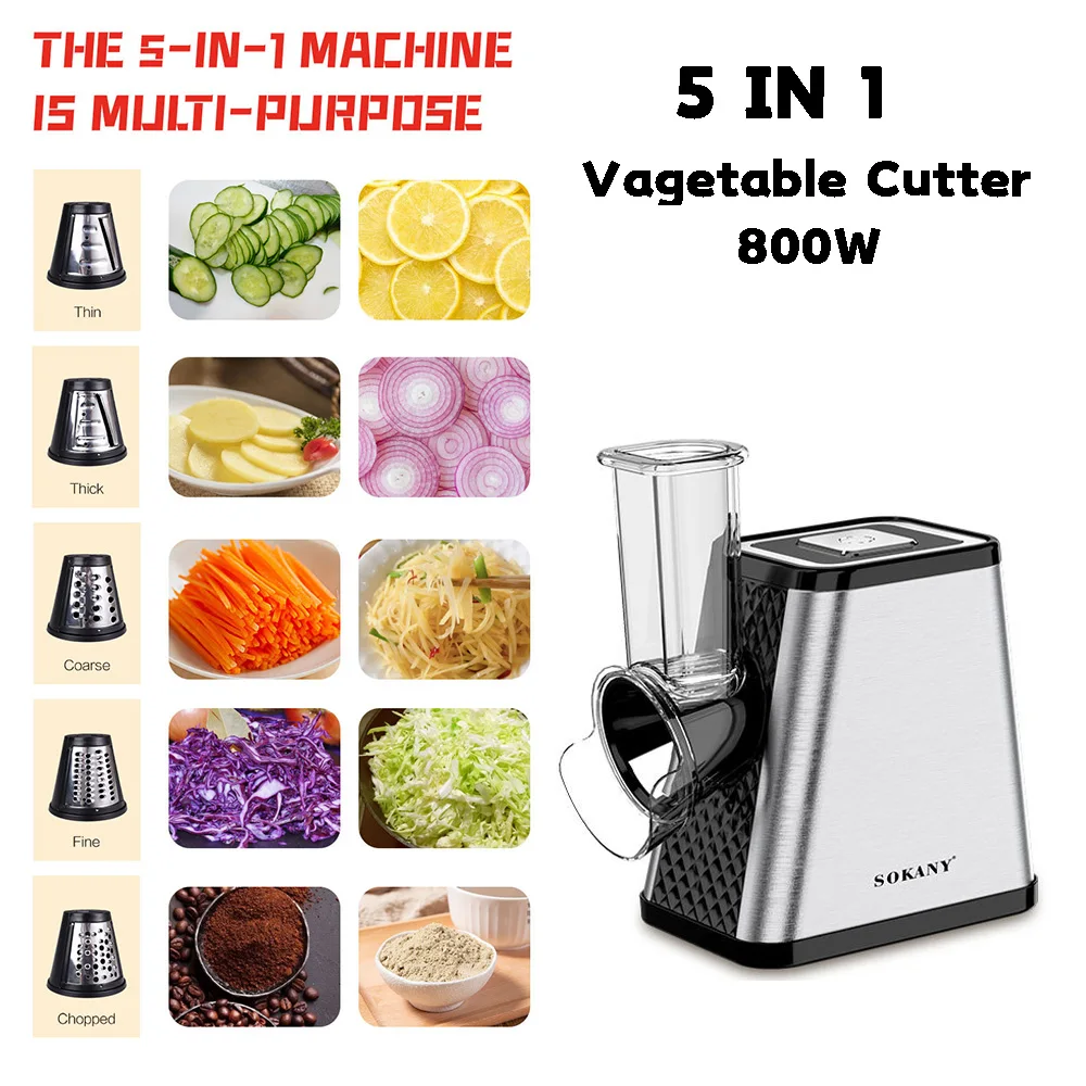 電動野菜カッター、5-in-1多機能細断、スライス、ストリップ研削、多孔質野菜カッター