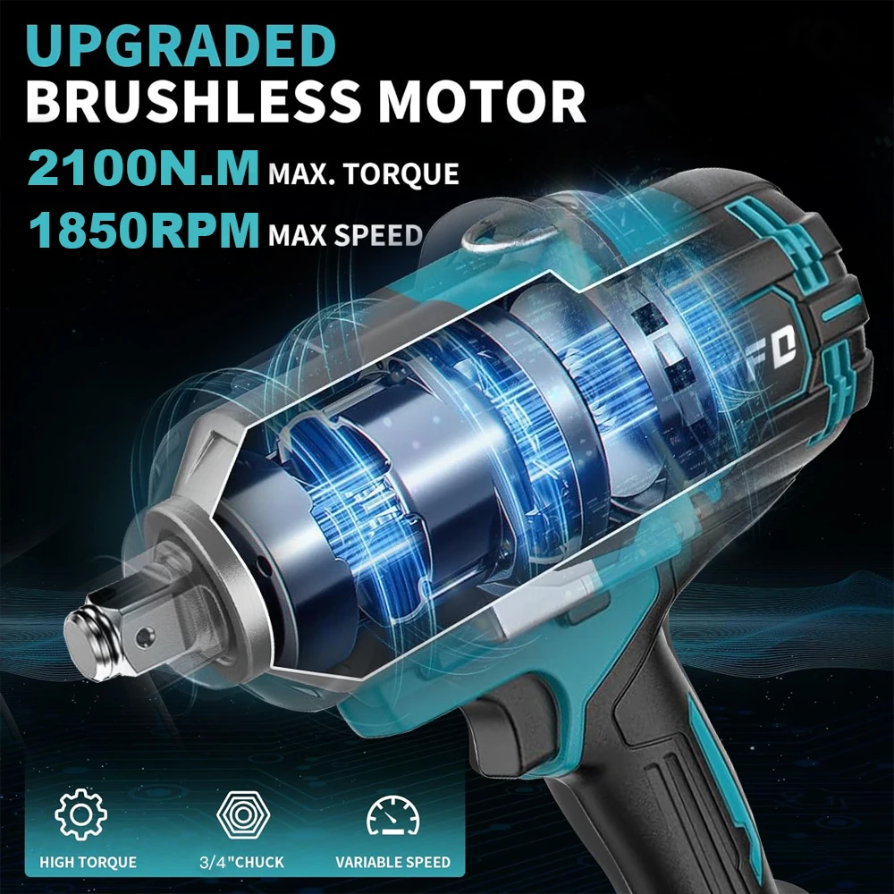 ONEKFYFD 2100N.M High Torque Brushless Electric Impact Wrench Rechargeable 3/4