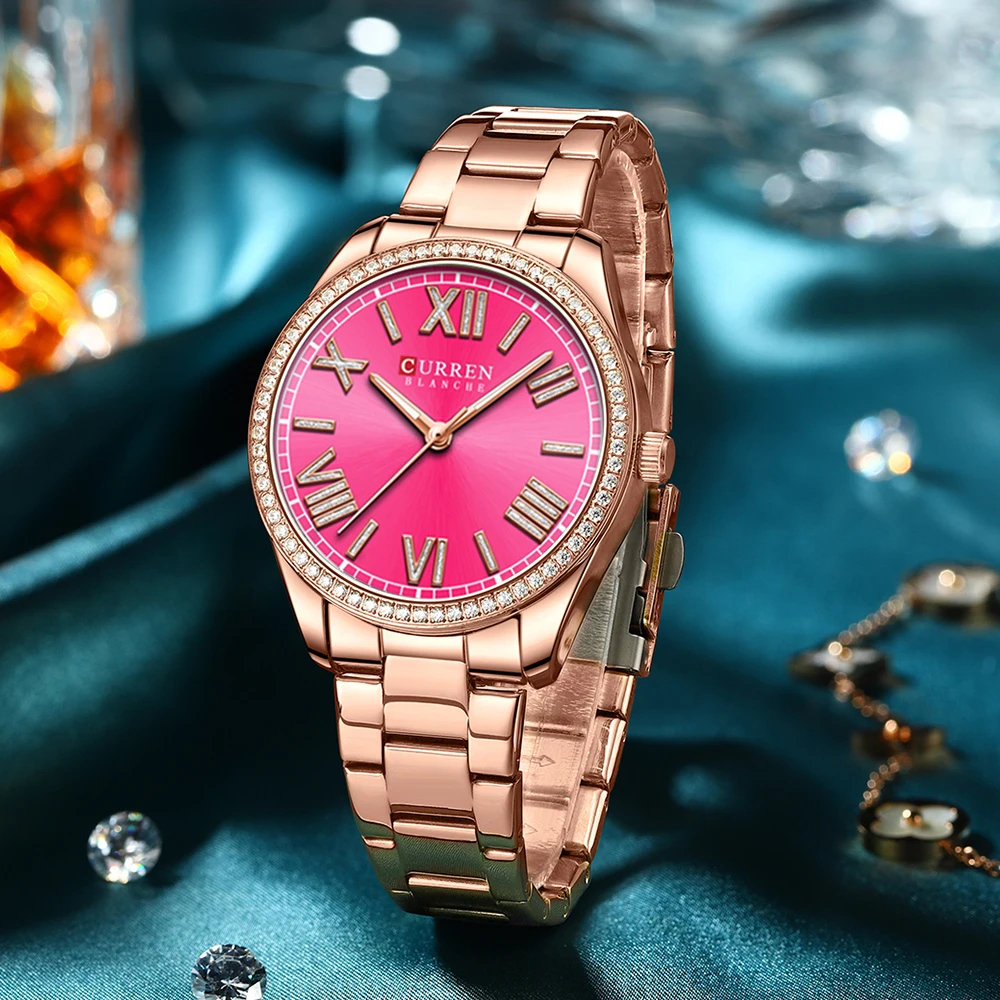 CURREN NEW Luxury Stainless Steel Wristwatches for Ladies Romantic Rose Pink with Rhinestones Roman Numeral Dial