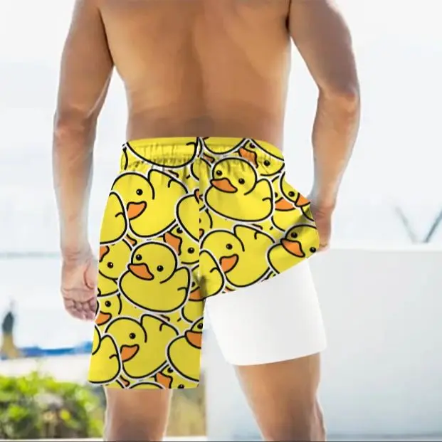 Cartoon Ducks Digital Print Men\'s Quick Dry Double-layered Drawstring Shorts With Phone Pocket Design For Summer Beach Sports