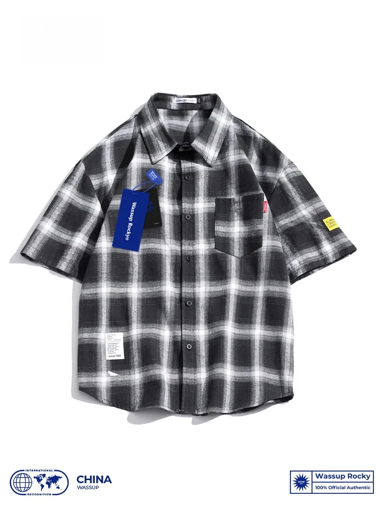 

Мужская свободная посадка Wassup ort Sve Plaid irt, повседневная летняя модная винтажная одежда Sle Roer Look, молодежный тренд, лето 2024 г.