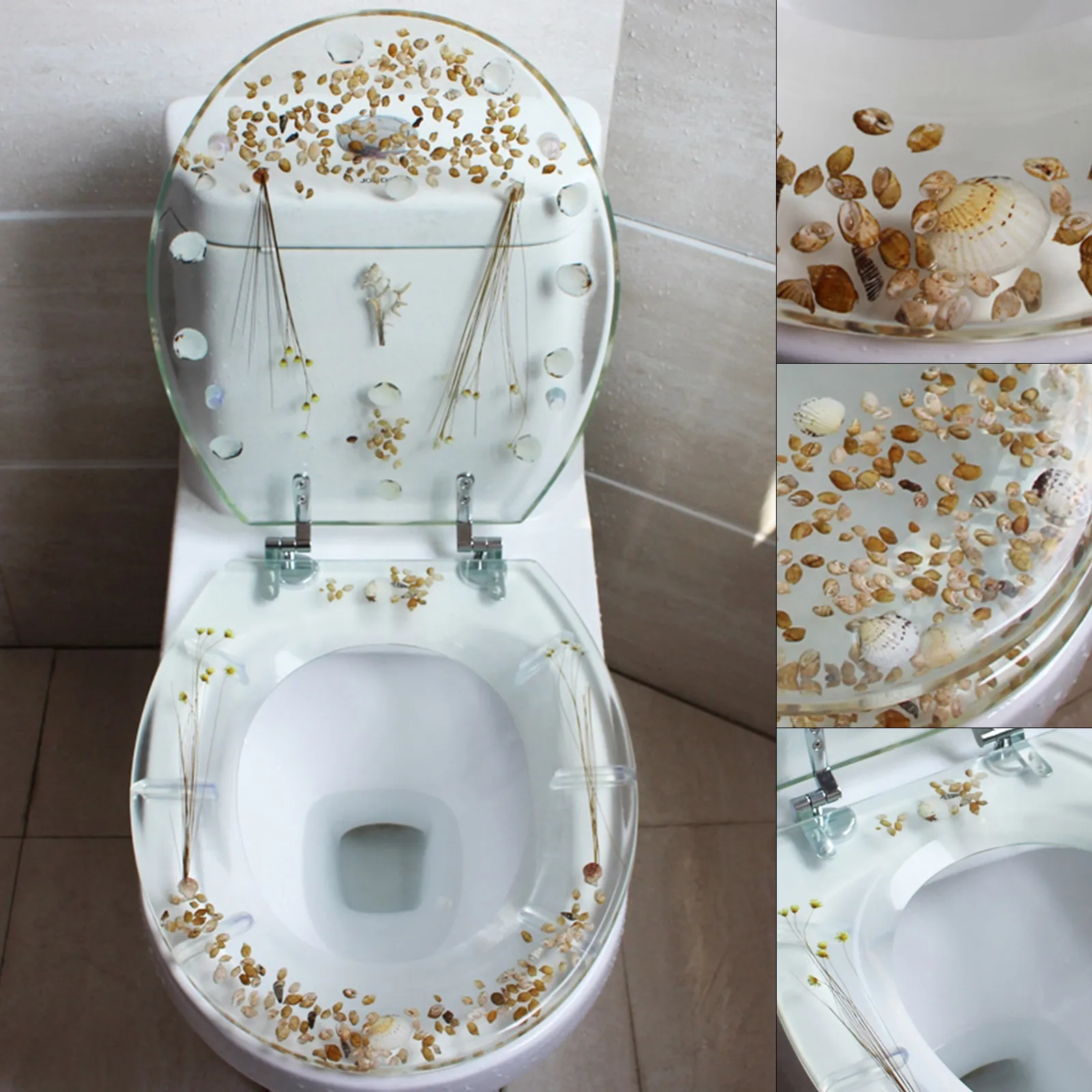 Resin Decorative Toilet Seat with Lid Chrome Hinges Shell Decor Bathroom