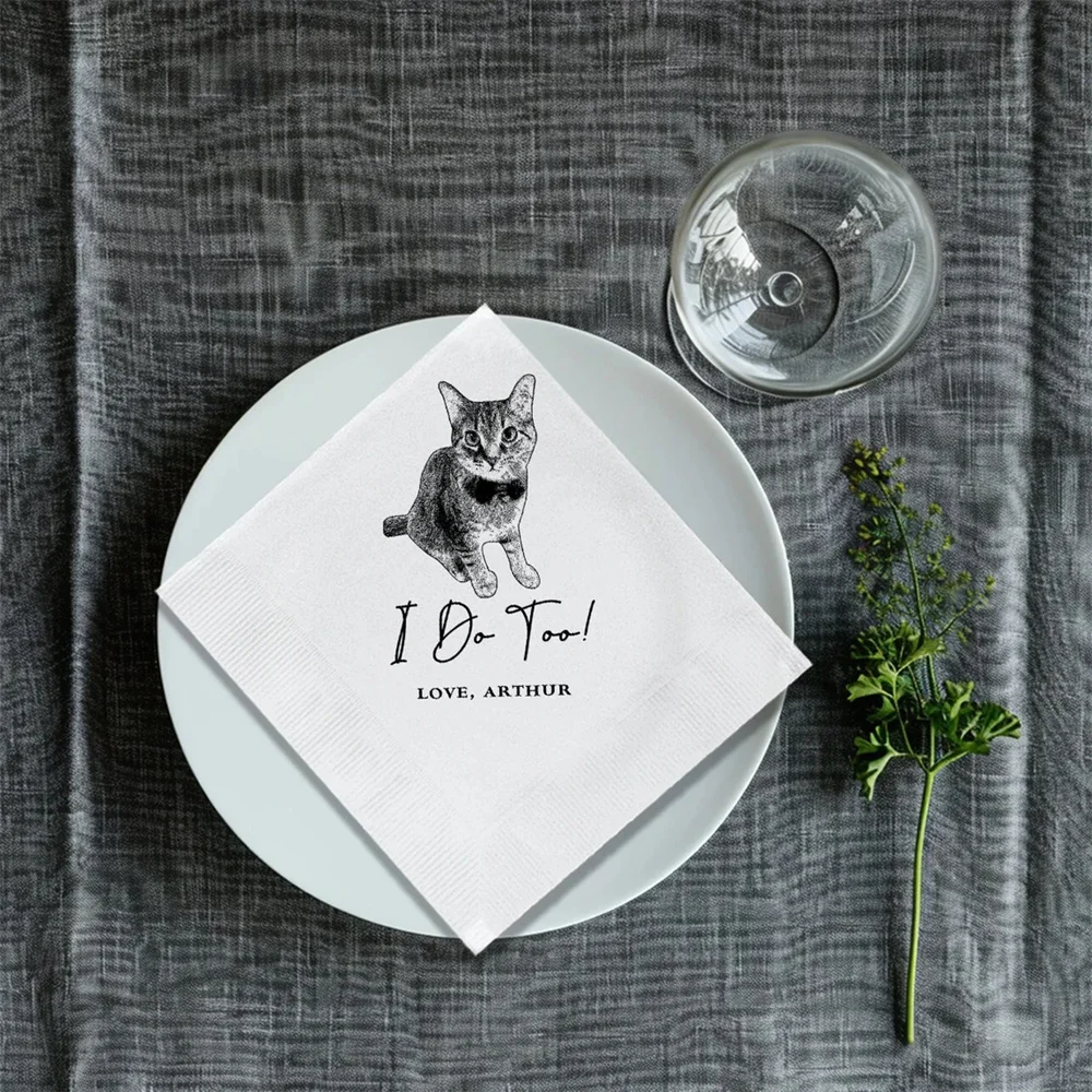 

50 PCS Personalized Illustrated Pet Cocktail Napkins,Engagement Party Napkins,Bridal Shower,Custom Bar Napkins,Custom Photo Cat