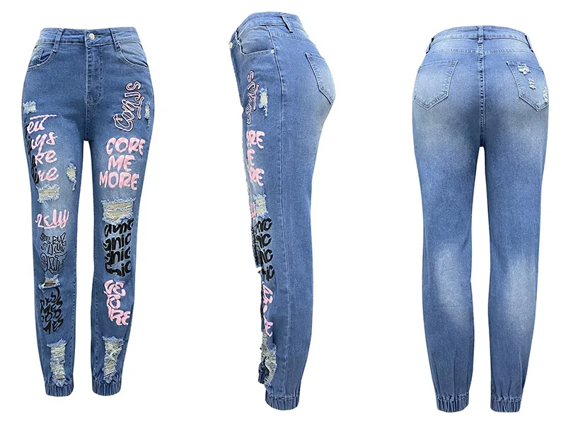 Jean skinny taille haute pour femme avec poche boutonnée, imprimé lettre, déchirure, streetwear décontracté, mode printemps et automne, Y2K