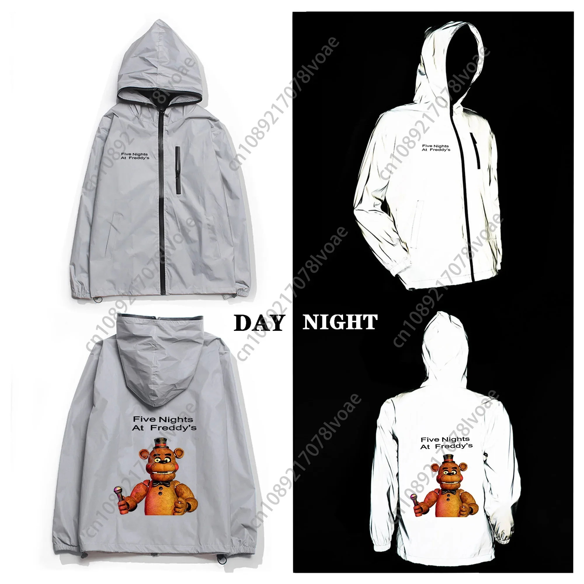 Fnaf F-Freddy Anime At Game N-Nights F-Five Reflective Jacket Coat Hooded Windbreaker Pocket Jacket Cycling Zipper Custom Hoodie