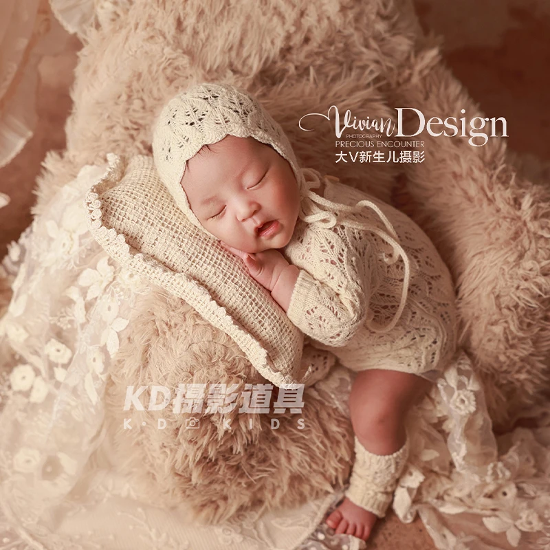 خمر الوليد التصوير الزي البيج محبوك الدانتيل رومبير + بونيه + الجوارب مجموعة ريترو ستايل الطفل صور الدعامة لحديثي الولادة اطلاق النار #5