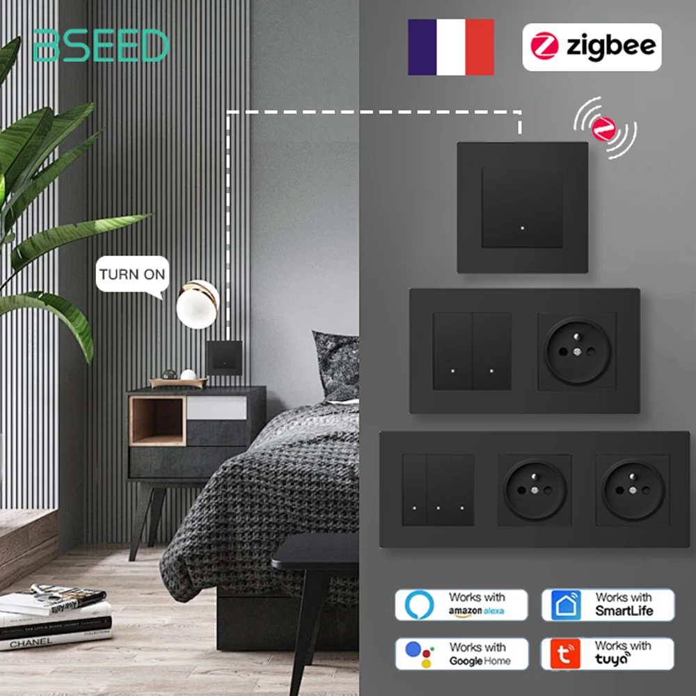

BSEED Zigbee Mechanical Push Button Wall Switches Tuya Smart Life Control Plus Simple French Power Sockets Matte Black Frames