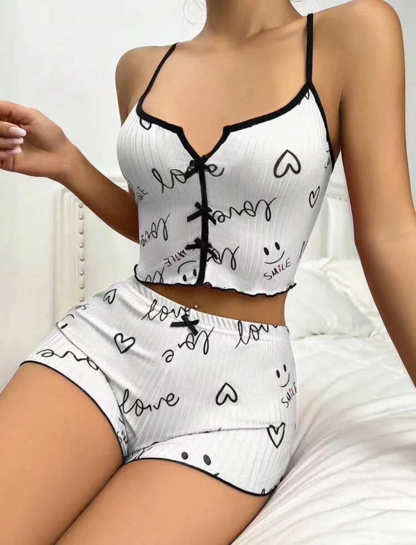 Pajama Suit Suspender Shorts Sexy Bow Print Milk Silk Suit Comfortable Home Wear Women\'s Pajama Suit