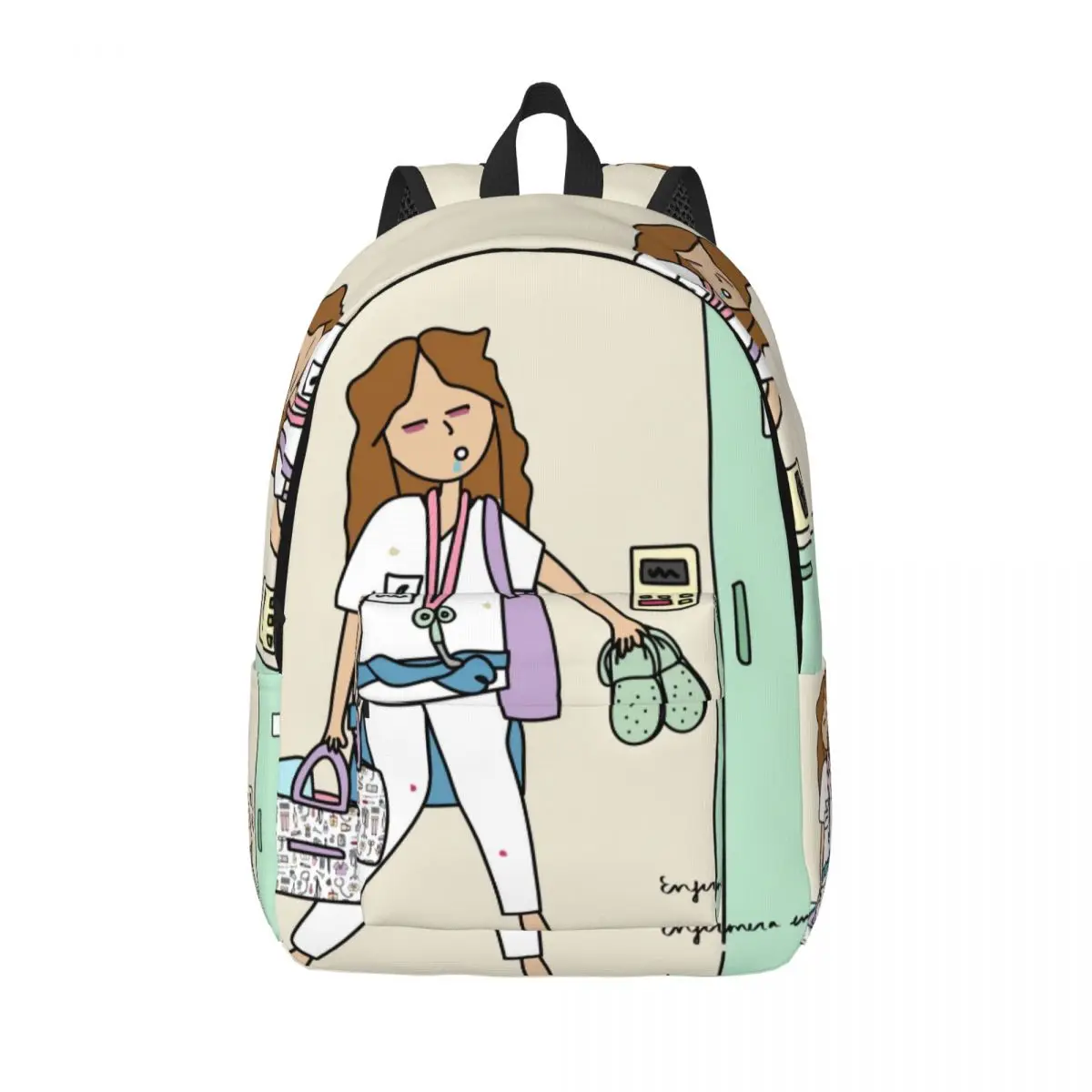 Personalized Cartoon Nurse Enfermera En Apuros Canvas Backpacks Women Basic Bookbag for College School Health Care Nursing Bags