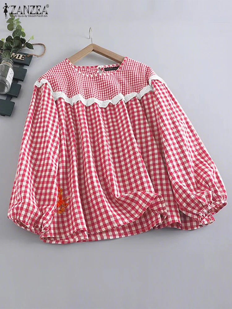 

ZANZEA Women Plaid Blouse Autumn Fashion Long Sleeve Lace Patchwork Shirts 2025 Casual Loose Tunic Tops Vintage Printed Blusas