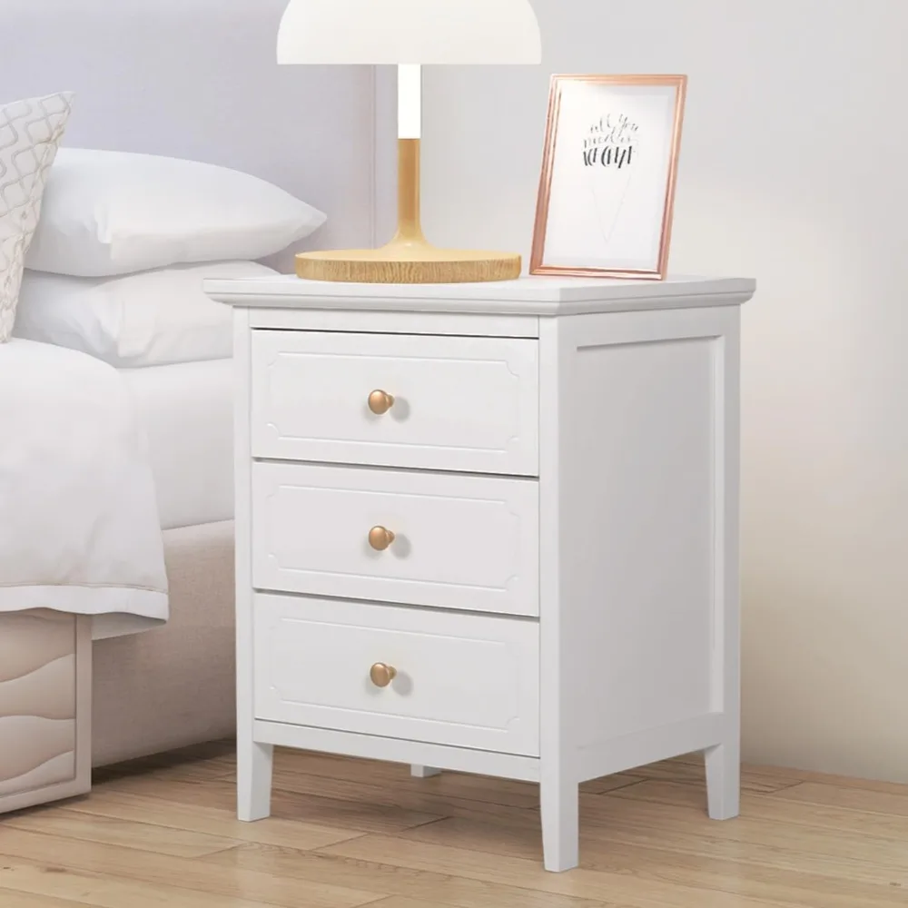 

3 Drawer White Nightstand Wooden Large Night Stands with Gold Handle 19 Inch Modern Bedside Table for Bedrooms Mesa de Noche