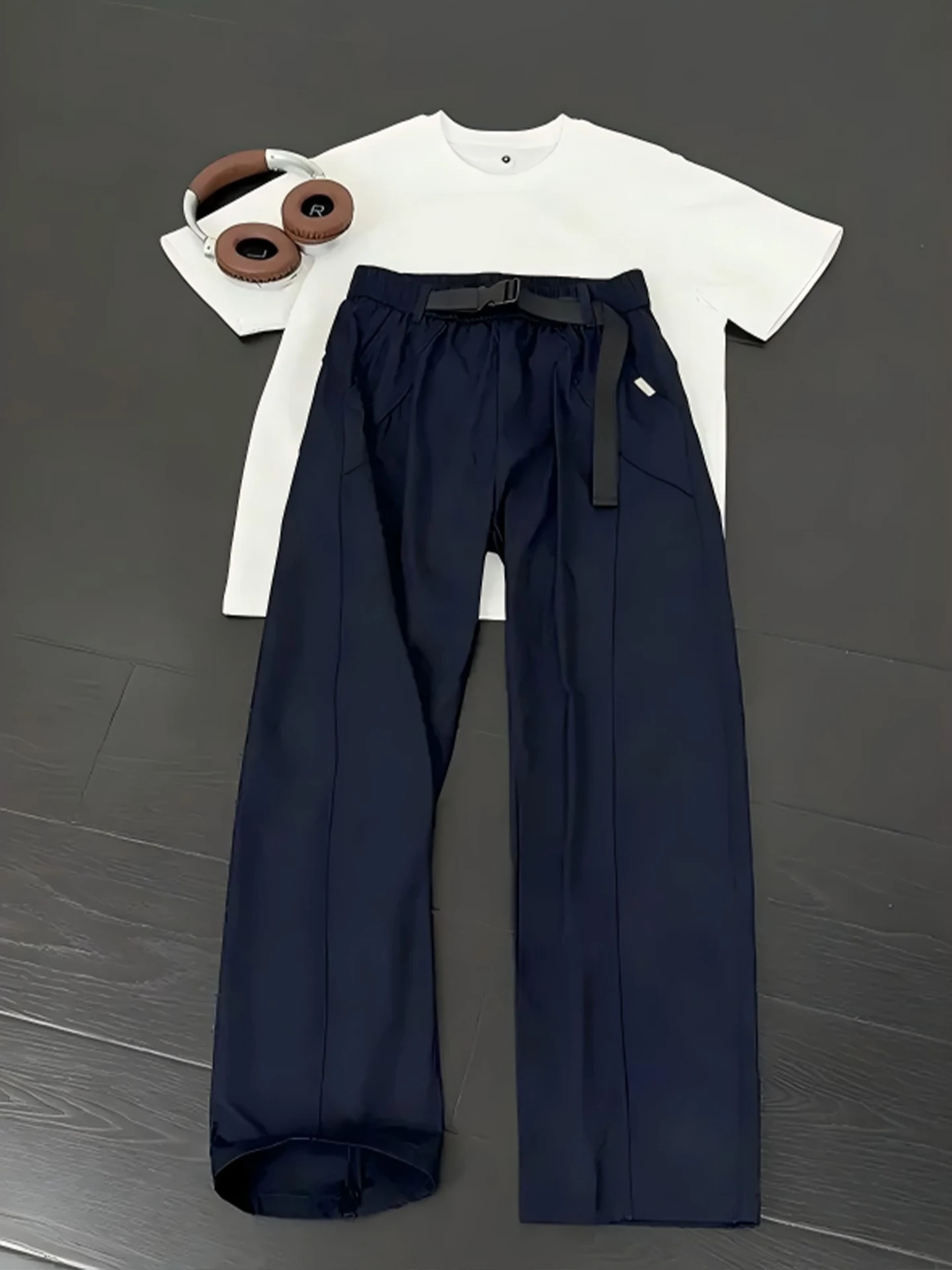 

Blue Quick Dry Ice Silk Men's Summer Thin Straight Leg Work Pants American Style Patchwork Sports Trousers Low Waist Casual P...